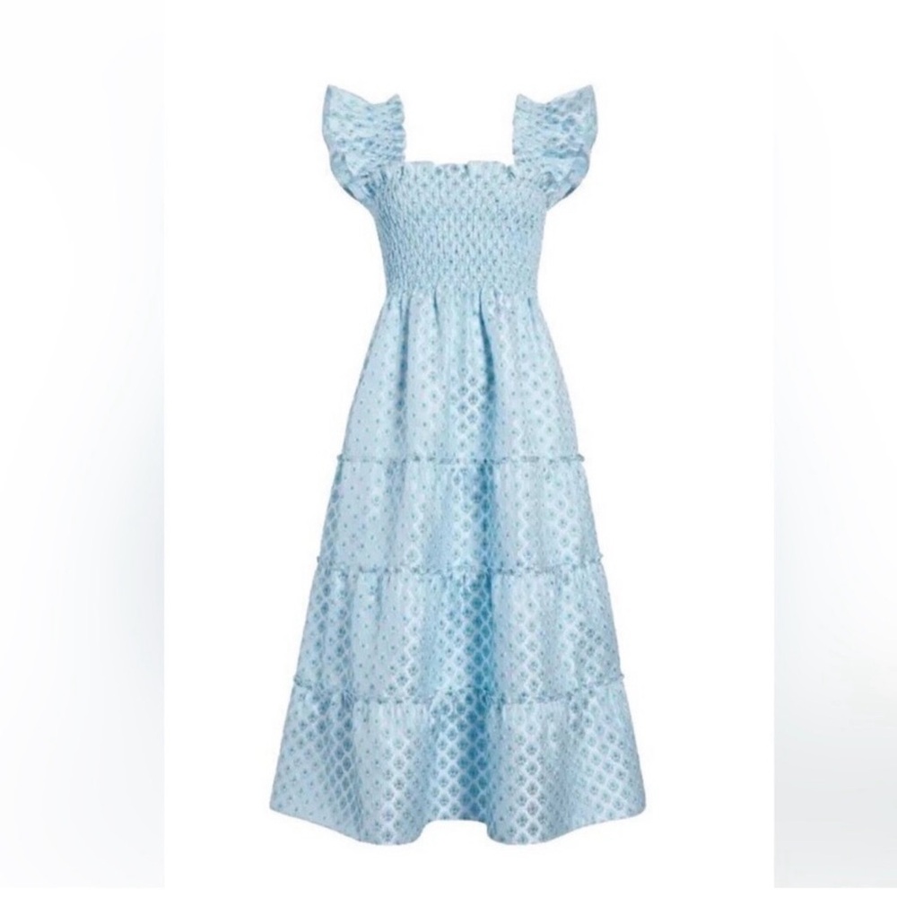 🔥NWT Hill House Blue Snowflake Brocade Smocked Dress - Picture 4 of 10